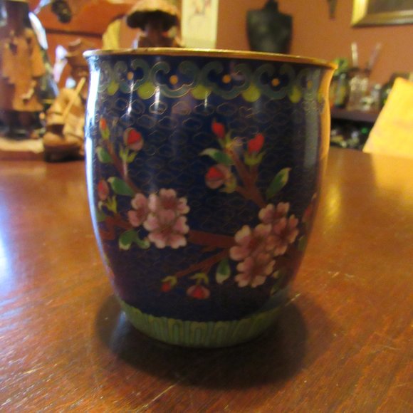 Vintage Enameled Metal Cloissoine Cherry Blossom Votive Candle Holder